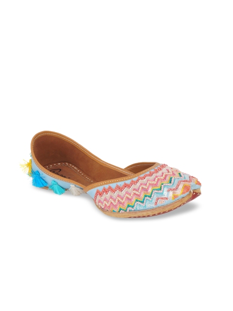

The Desi Dulhan Women Blue Embellished Leather Ethnic Mojaris Flats