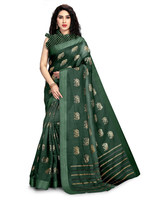 

KALINI Green & Gold-Toned Block Print Saree