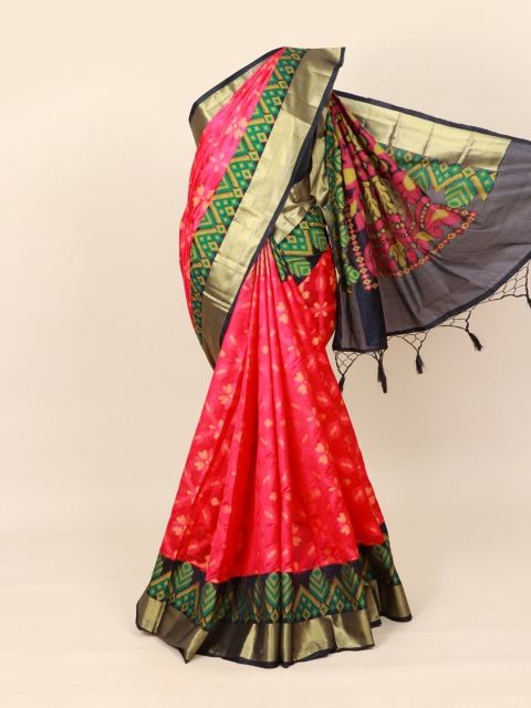 

Pothys Pink & Green Zari Silk Blend Saree