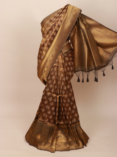 

Pothys Brown & Gold-Toned Floral Zari Art Silk Banarasi Saree