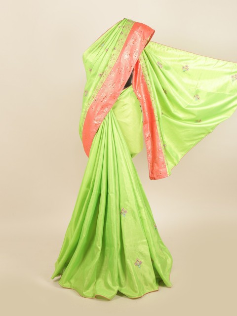 

Pothys Green & Pink Embellished Beads and Stones Jute Silk Saree