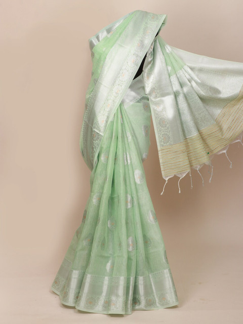 

Pothys Green & Silver-Toned Ethnic Motifs Zari Tissue Saree