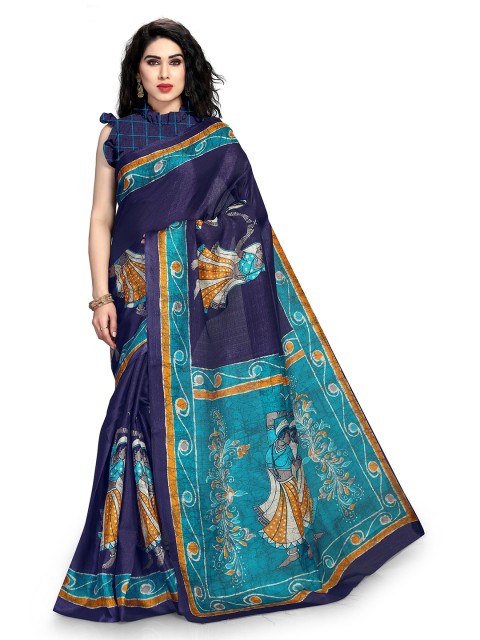 

KALINI Navy Blue & Mustard Ethnic Motifs Printed Art Silk Saree