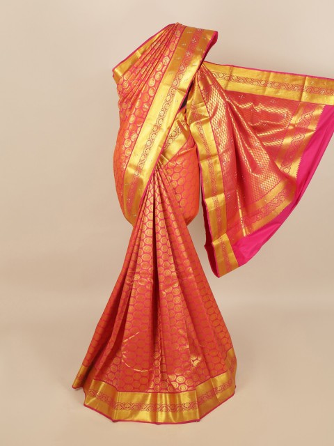 

Pothys Pink & Gold-Toned Woven Design Zari Silk Blend Saree