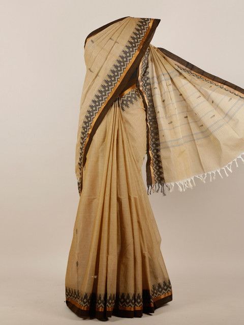 

Pothys Cream-Coloured & Brown Pure Cotton Saree