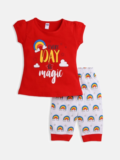 

Nottie Planet Girls Red & White Printed Night suit