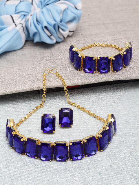 

Shining Diva Gold-Plated & Blue Crystal-Studded Choker Jewellery Set