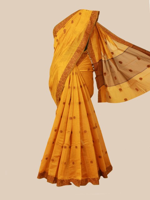 

Pothys Mustard Yellow & Brown Cotton Blend Floral Saree
