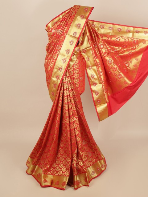 

Pothys Red & Gold-Toned Woven Design Zari Silk Blend Saree