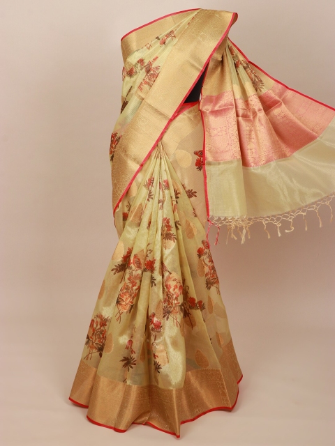 

Pothys Cream-Coloured & Gold-Toned Floral Zari Art Silk Banarasi Saree