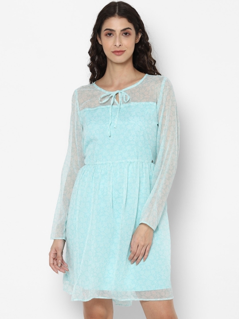 

Allen Solly Woman Blue & Off White Floral Tie-Up Neck Dress