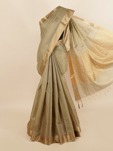 

Pothys Cream-Coloured & Blue Jute Cotton Saree