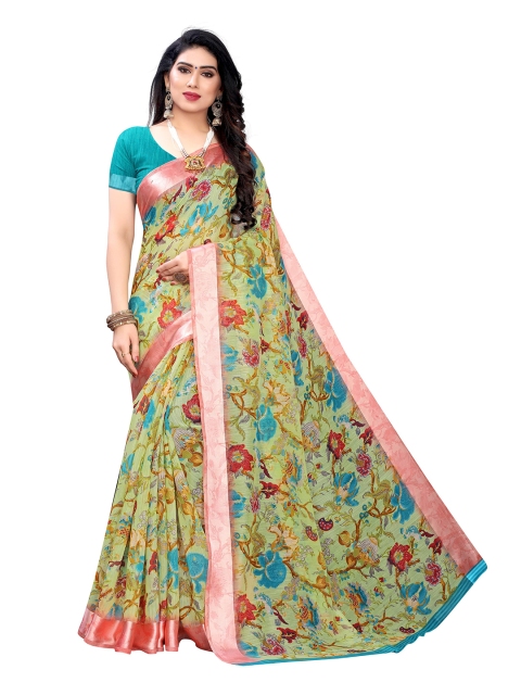 

KALINI Lime Green & Blue Floral Printed Pure Linen Saree