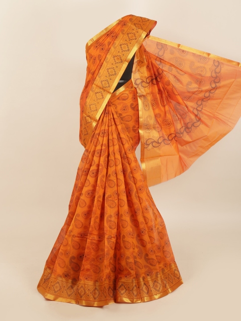 

Pothys Orange & Gold-Toned Floral Zari Silk Cotton Saree