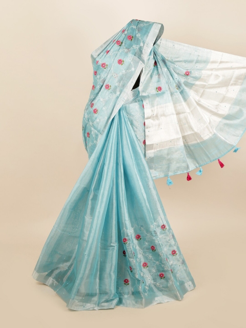 

Pothys Blue & Silver-Coloured Floral Embroidered Tissue Saree