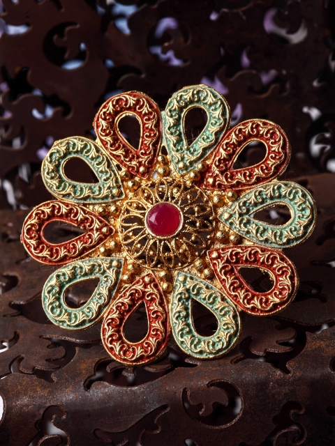 

Shining Diva Women Gold-Plated Red & Green Meenakari Traditional Adjustable Finger Ring