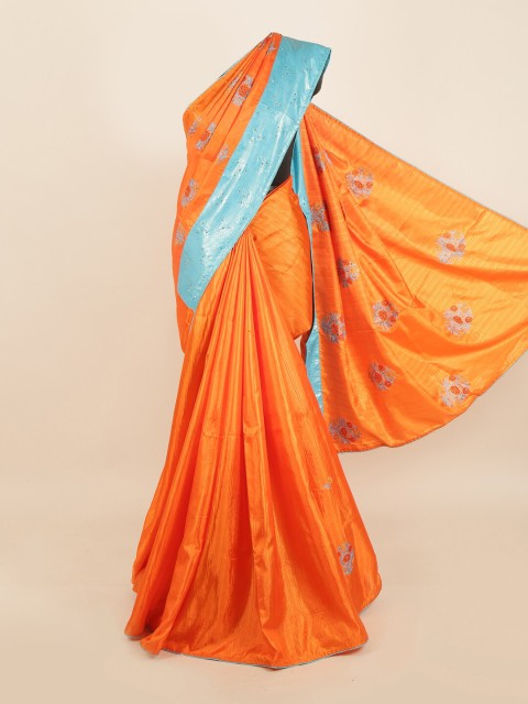

Pothys Orange & Turquoise Blue Floral Embellished Jute Silk Saree