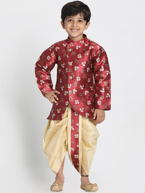 

VASTRAMAY Boys Maroon & Gold-Coloured Printed Slim-Fit Sherwani Set