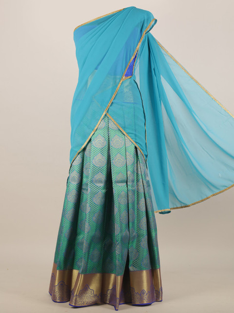 

Pothys Blue & Gold-Toned Ethnic Motifs Half Saree Set