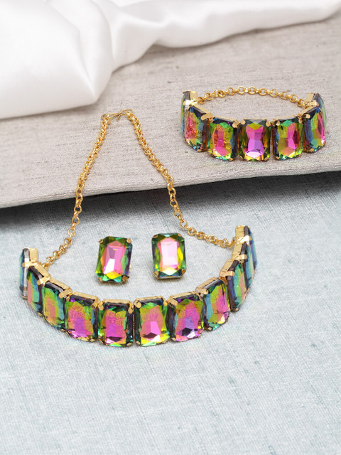

Shining Diva Gold-Plated Pink & Green Crystal Studded Choker Jewellery Set