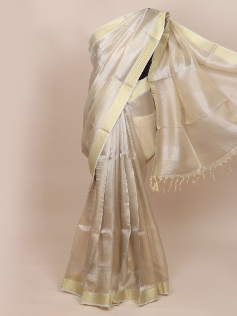 

Pothys Cream-Coloured & Gold-Toned Striped Tissue Saree