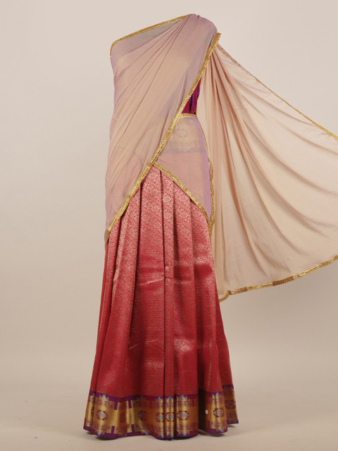 

Pothys Cream-Coloured & Pink Ethnic Motifs Zari Half & Half Saree