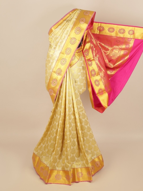 

Pothys Women Cream & Pink Silk Blend Ethnic Motif Woven Designed saree