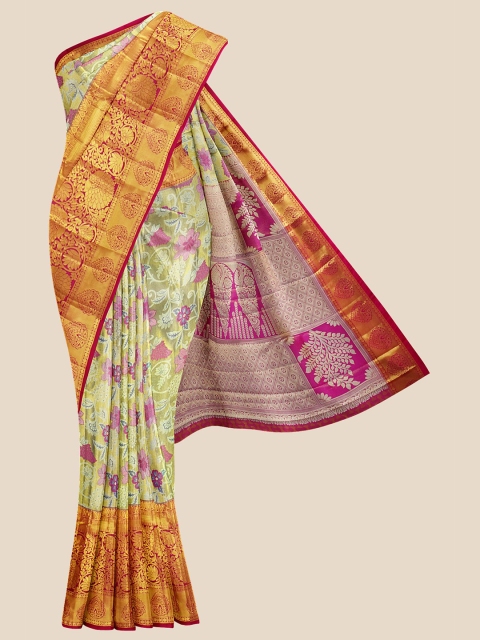 

Kalamandir Cream-Coloured & Magenta Floral Half and Half Kanjeevaram Saree