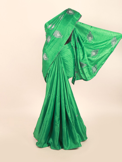 

Pothys Green & Grey Ethnic Motifs Embroidered Jute Silk Saree