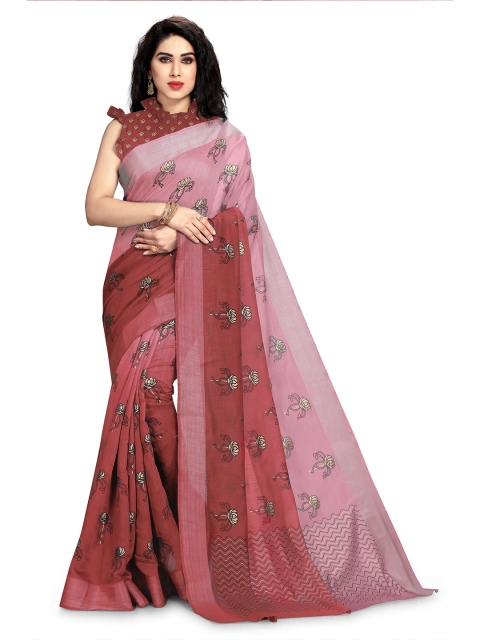 

KALINI Pink & Grey Ethnic Motifs Block Printed Saree