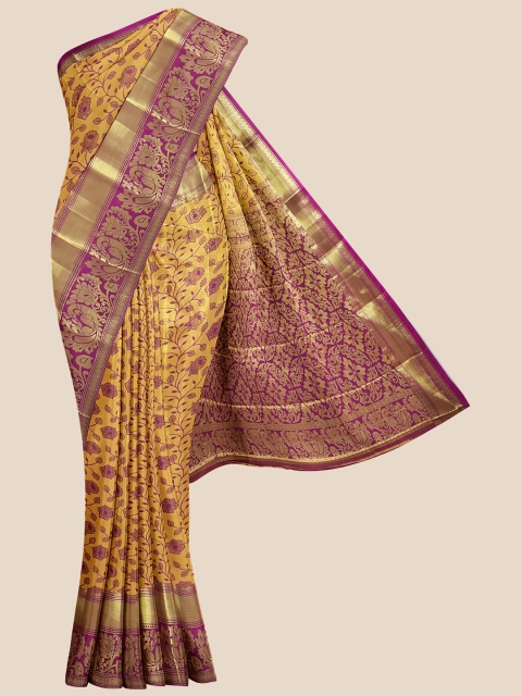 

Kalamandir Yellow & Purple Ethnic Motifs Zari Kanjeevaram Saree