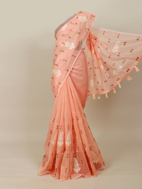 

Pothys Peach-Coloured & White Floral Cotton Blend Saree