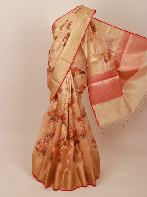 

Pothys Peach-Coloured & Red Floral Zari Art Silk Banarasi Saree