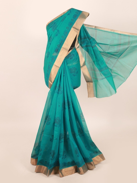 

Pothys Blue & Gold-Toned Floral Zari Silk Cotton Saree