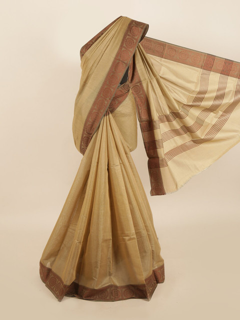 

Pothys Cream-Coloured & Brown Cotton Blend Saree
