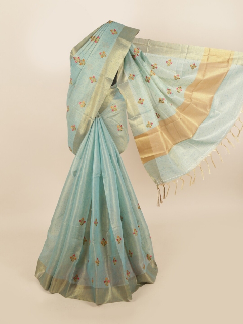 

Pothys Blue & Gold-Toned Floral Embroidered Tissue Saree