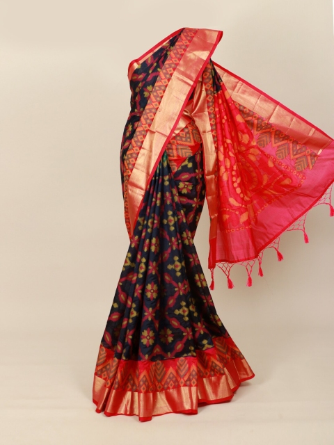 

Pothys Navy Blue & Pink Ethnic Motifs Silk Blend Saree
