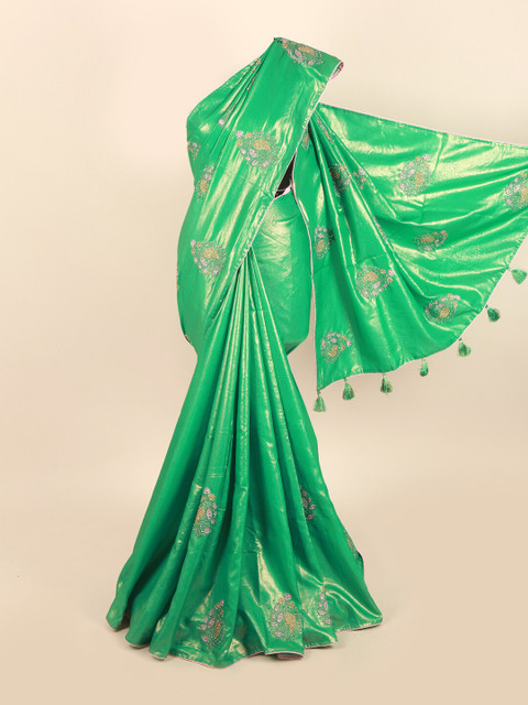 

Pothys Green & Pink Embroidered Ethnic Motifs Beads and Stones Saree
