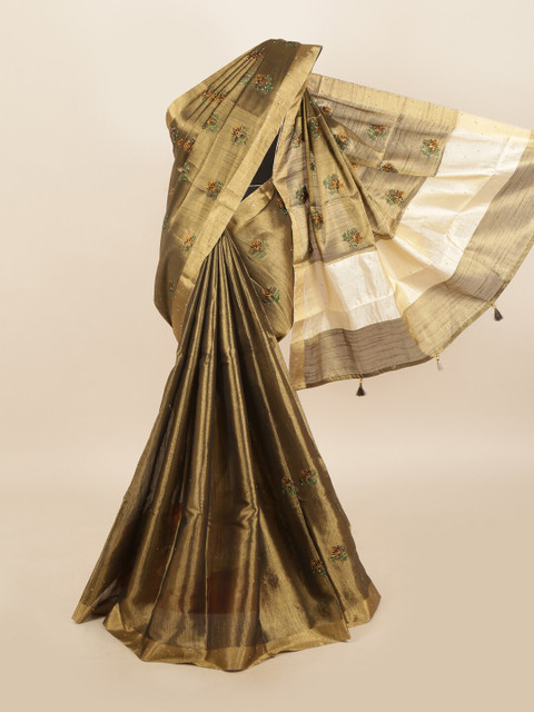

Pothys Olive Green & Gold-Toned Floral Beads and Stones Tissue Saree