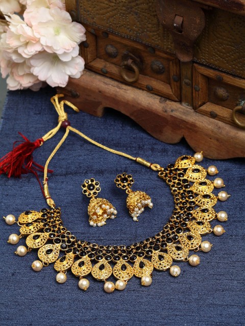 

Shining Diva Gold-Plated Black & Off White Stone-Studded Pearl Beaded Jewellery Set