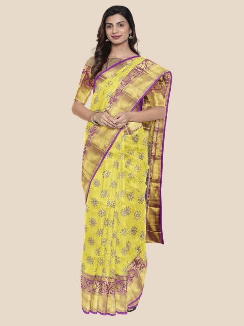 

Kalamandir Yellow & Purple Floral Zari Kanjeevaram Saree