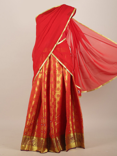 

Pothys Red & Gold-Toned Woven Design Half & Half Saree