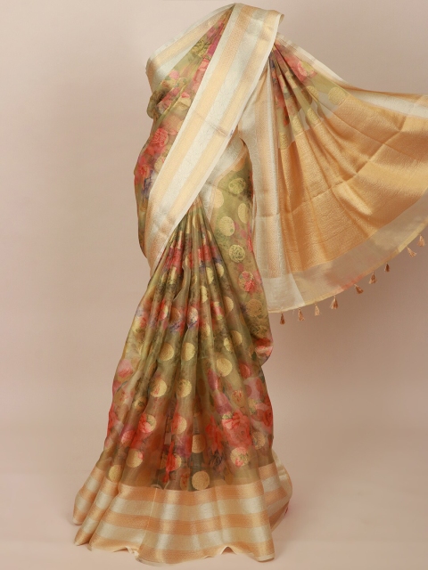 

Pothys Green & Pink Floral Art Silk Banarasi Saree