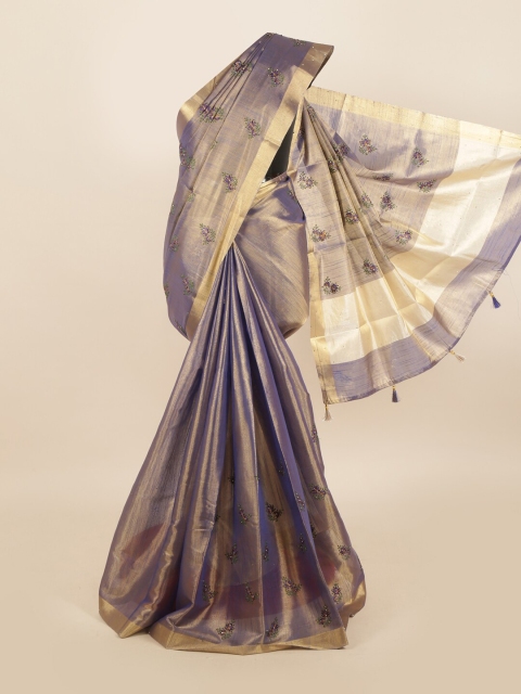 

Pothys Blue & Gold-Coloured Floral Embroidered Tissue Saree