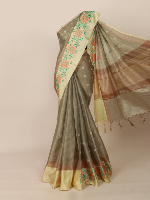 

Pothys Grey & Green Floral Tissue Saree
