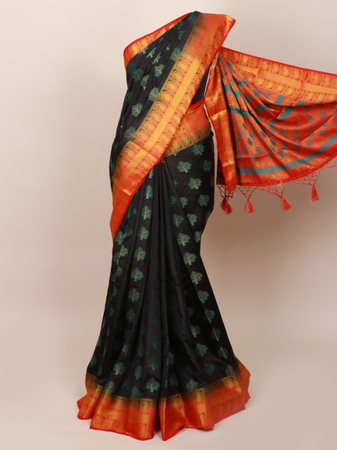 

Pothys Black & Orange Floral Zari Art Silk Saree