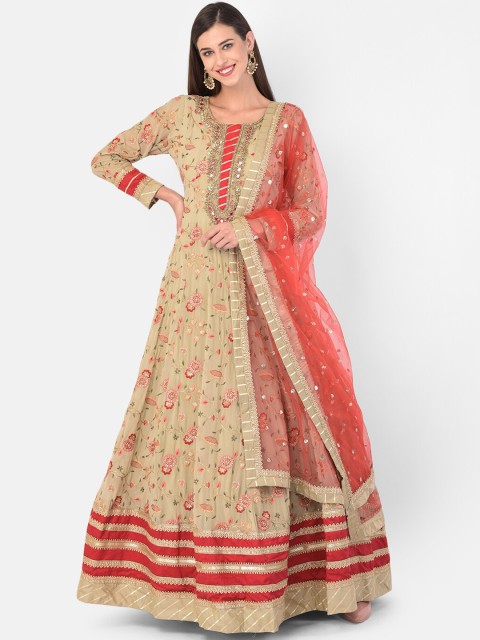 

Neerus Beige Floral Georgette Ethnic Maxi Dress