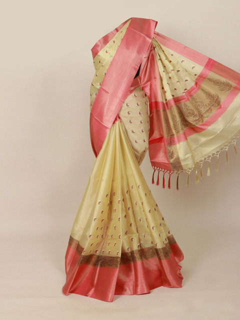 

Pothys Cream-Coloured & Pink Ethnic Motifs Zari Tissue Saree