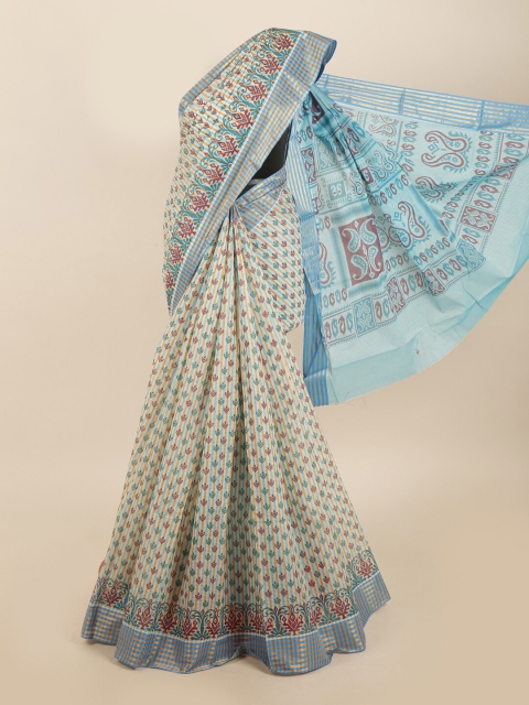 

Pothys Cream-Coloured & Blue Ethnic Motifs Saree