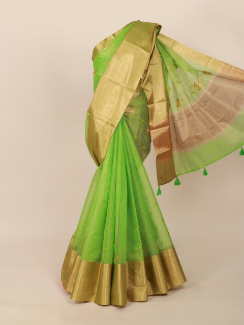

Pothys Green & Gold-Toned Floral Embroidered Tissue Saree